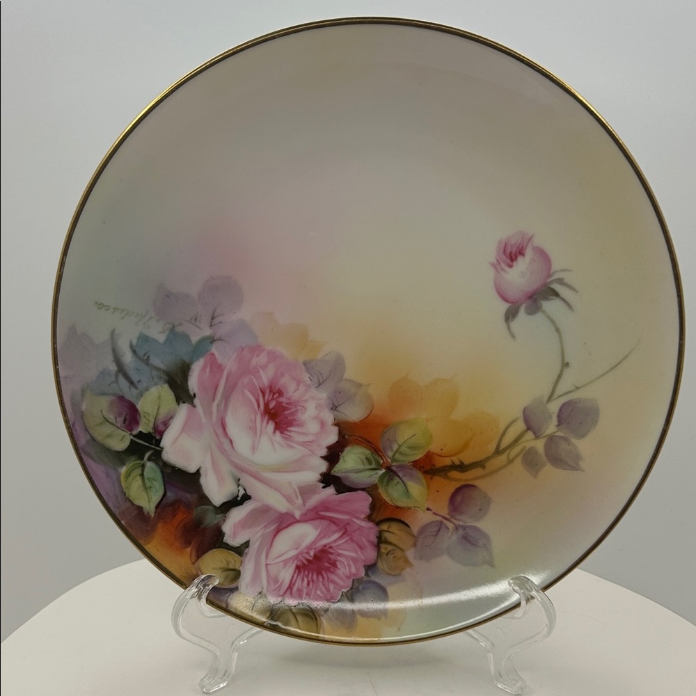Antique Hand Painted Nippon Coquette  Floral Cabinet Plate Gold Rim Signed 7.5"